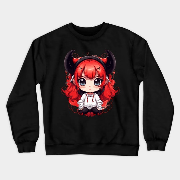 Cute Anime Demon Girl with Fiery Horns Crewneck Sweatshirt by BrushedbyRain